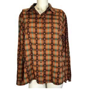 Krazy Kat Halloween Plaid Pumpkin Jack O Lantern Embroidered Button Up Shirt XL